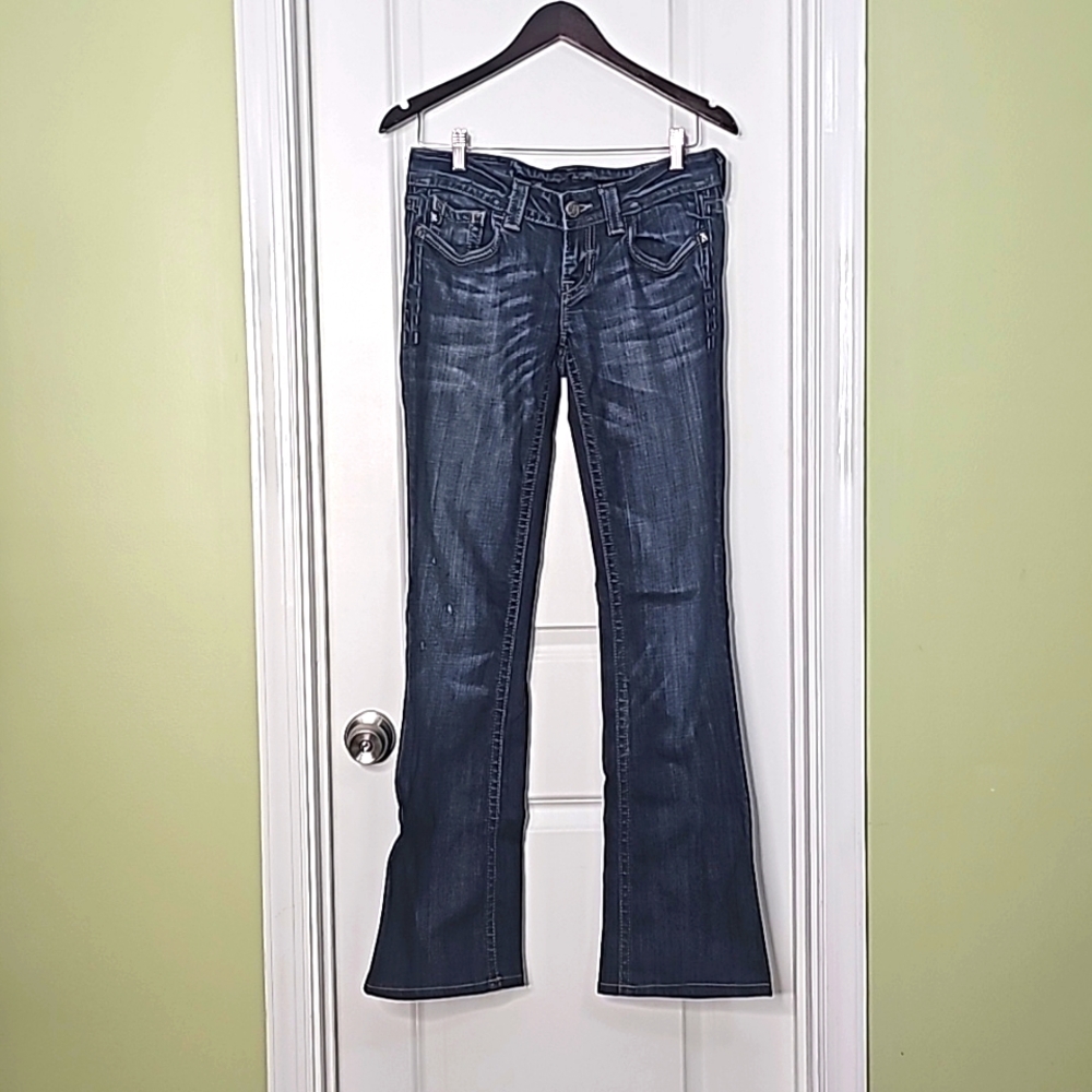 MEK Eldora Boot Cut Denim Size 27 Inseam 31 Button Down Rear Pockets Dark Blue